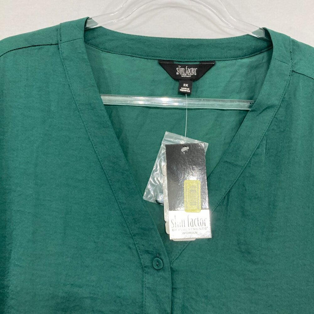 New Investments 3X Green Forest V Neck Ruffle Flare Sleeve Romantic Button Down - Picture 3 of 10